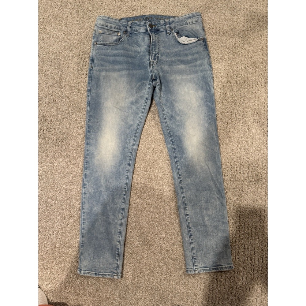 American Eagle Jeans Mens 34x32 Blue Selvedge Slim Fit Button Fly  Distressed